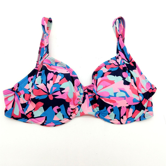 Title Nine Bikini Top Size 36DD Pink Print Underwire Bra Pads Swimsuit Support - Picture 1 of 6